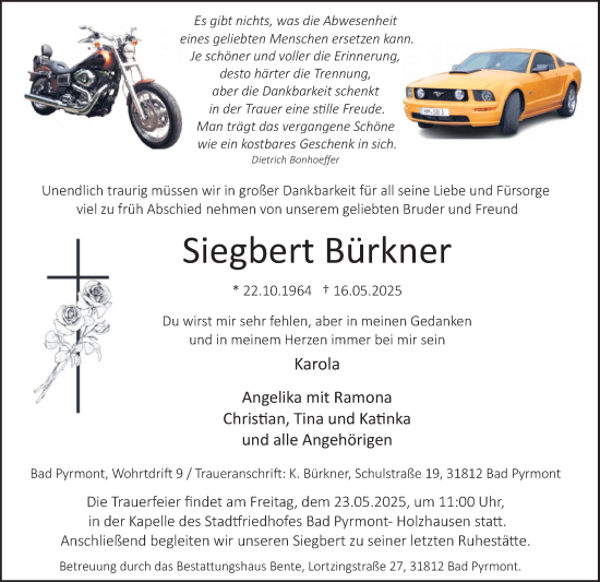 Traueranzeige von Siegbert Bürkner von Deister- und Weserzeitung