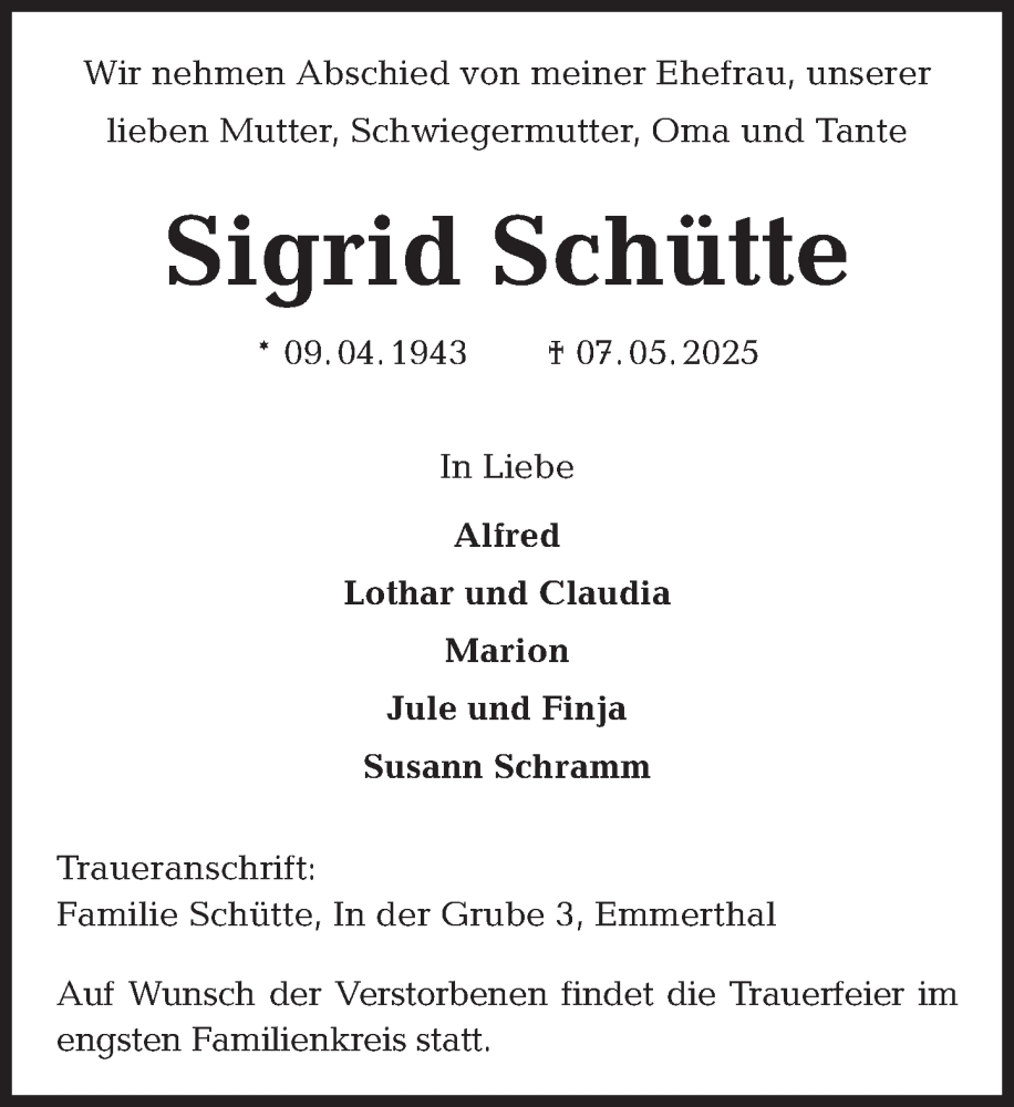  Traueranzeige für Sigrid Schütte vom 17.05.2025 aus Deister- und Weserzeitung