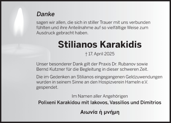 Traueranzeige von Stilianos Karakidis von Deister- und Weserzeitung