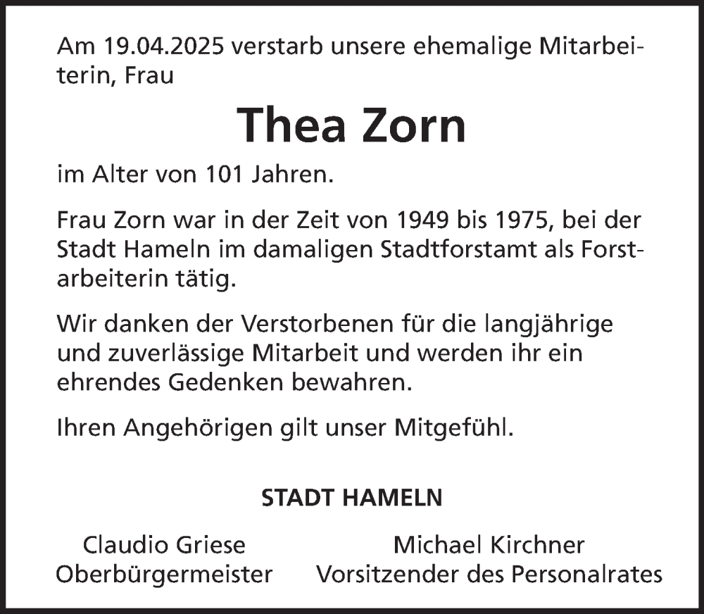  Traueranzeige für Thea Zorn vom 13.05.2025 aus Deister- und Weserzeitung