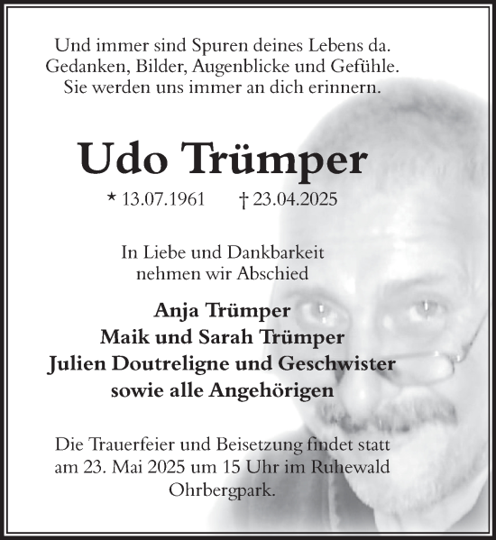 Traueranzeige von Udo Trümper von Deister- und Weserzeitung