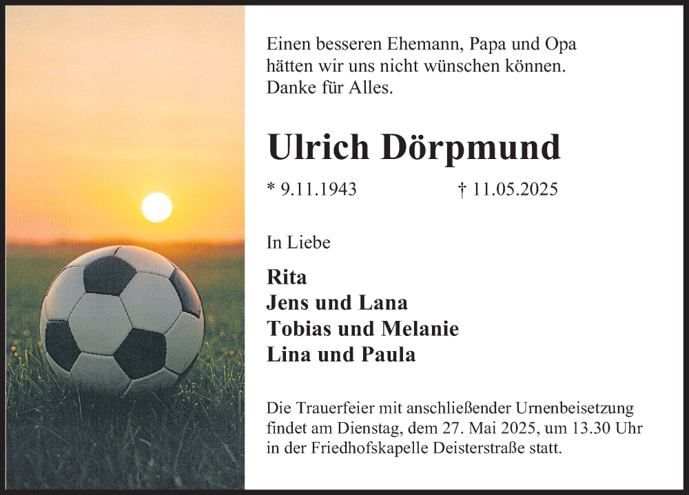  Traueranzeige für Ulrich Dörpmund vom 17.05.2025 aus Deister- und Weserzeitung
