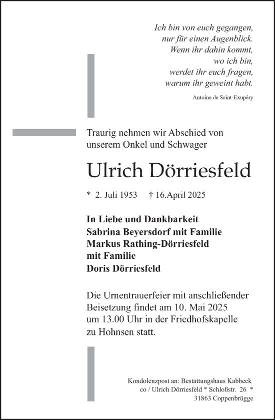 Traueranzeige von Ulrich Dörriesfeld von Deister- und Weserzeitung