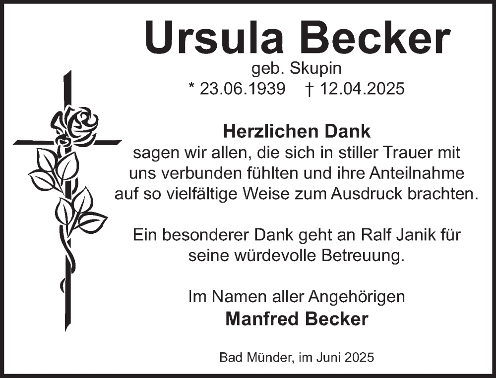  Traueranzeige für Ursula Becker vom 04.06.2025 aus Neue Deister-Zeitung