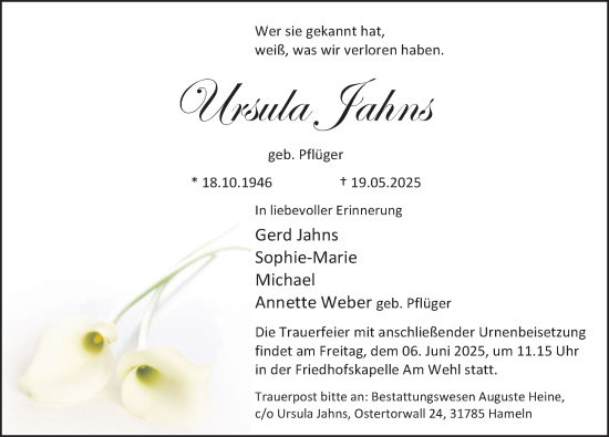 Traueranzeige von Ursula Jahns von Deister- und Weserzeitung