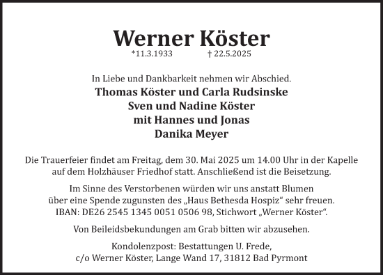 Traueranzeige von Werner Köster von Deister- und Weserzeitung