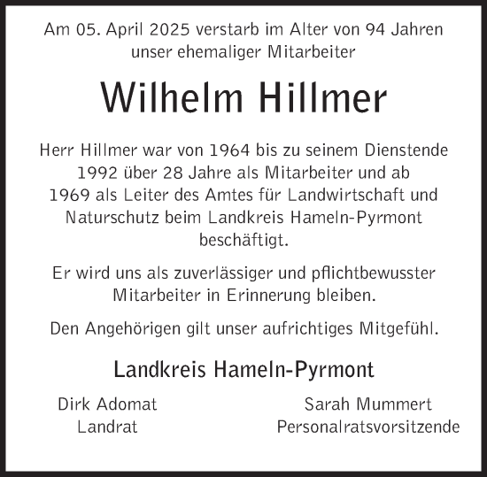 Traueranzeige von Wilhelm Hillmer von Deister- und Weserzeitung