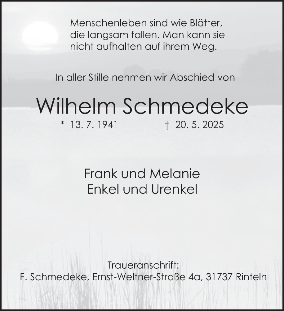  Traueranzeige für Wilhelm Schmedeke vom 24.05.2025 aus Deister- und Weserzeitung