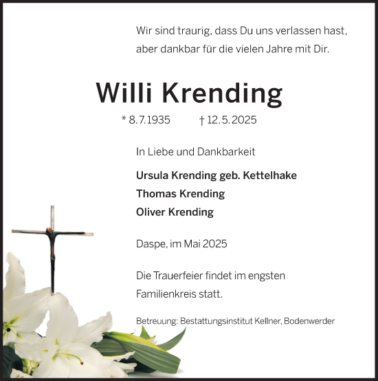 Traueranzeige von Willi Krending von Deister- und Weserzeitung