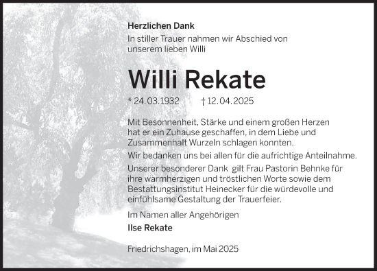 Traueranzeige von Willi Rekate von Deister- und Weserzeitung