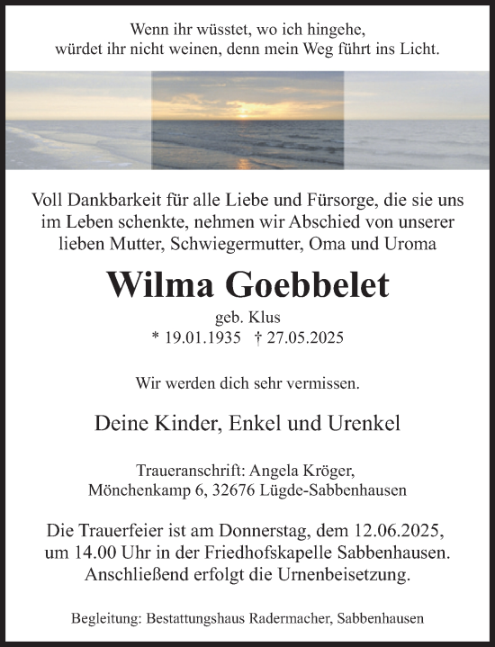 Traueranzeige von Wilma Goebbelet von Deister- und Weserzeitung