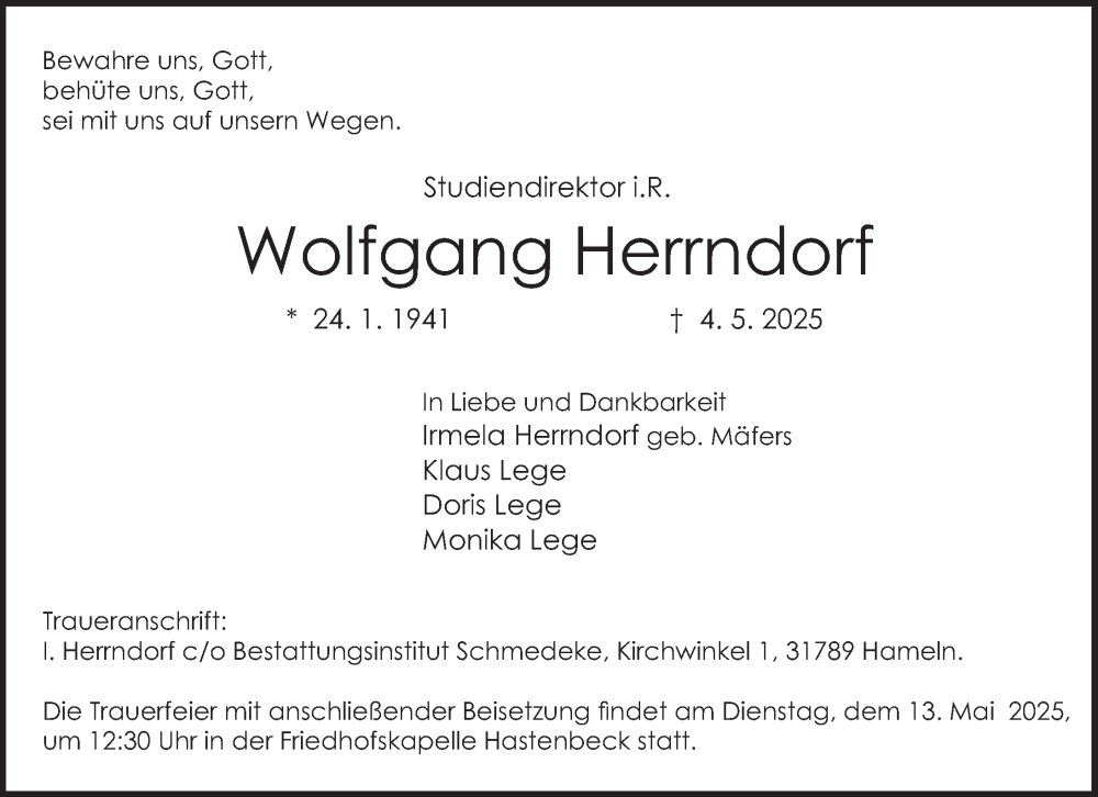  Traueranzeige für Wolfgang Herrndorf vom 10.05.2025 aus Deister- und Weserzeitung