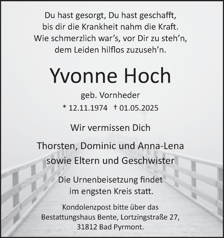  Traueranzeige für Yvonne Hoch vom 10.05.2025 aus Deister- und Weserzeitung