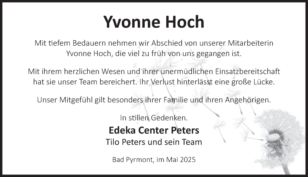  Traueranzeige für Yvonne Hoch vom 10.05.2025 aus Deister- und Weserzeitung
