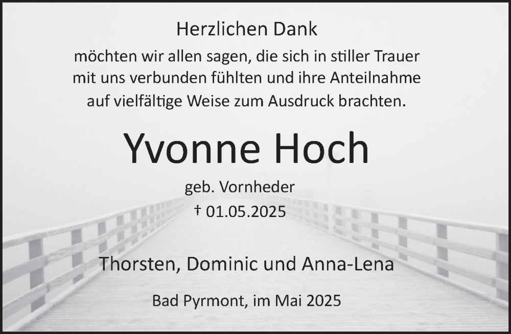  Traueranzeige für Yvonne Hoch vom 31.05.2025 aus Deister- und Weserzeitung