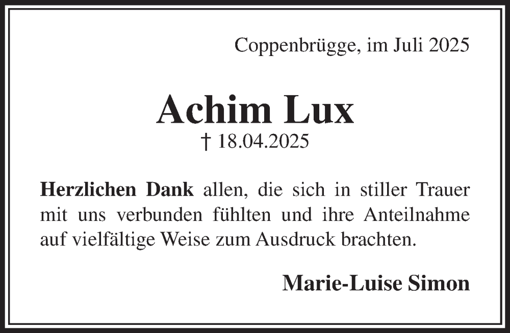  Traueranzeige für Achim Lux vom 21.06.2025 aus Deister- und Weserzeitung