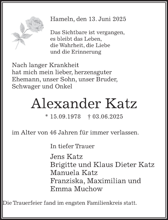 Traueranzeige von Alexander Katz von Deister- und Weserzeitung