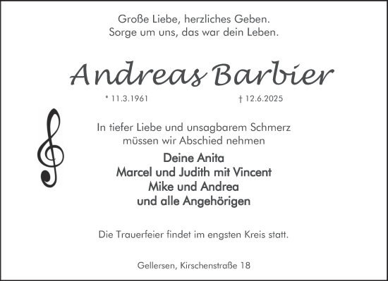 Traueranzeige von Andreas Barbier von Deister- und Weserzeitung