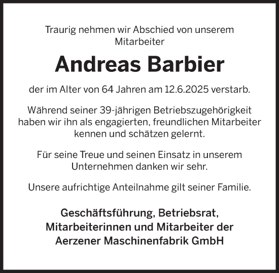 Traueranzeige von Andreas Barbier von Deister- und Weserzeitung