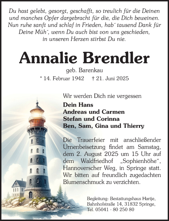 Traueranzeige von Annalie Brendler von Neue Deister-Zeitung