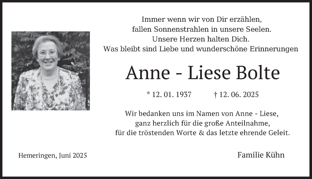  Traueranzeige für Anne-Liese Bolte vom 05.07.2025 aus Deister- und Weserzeitung