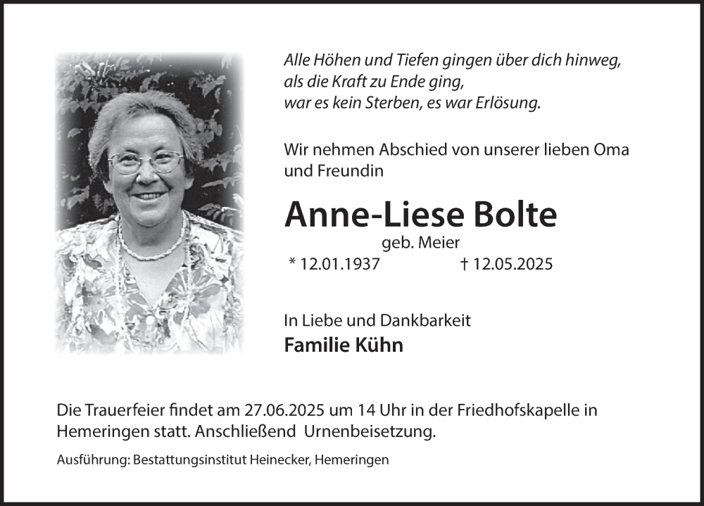  Traueranzeige für Anne-Liese Bolte vom 21.06.2025 aus Deister- und Weserzeitung