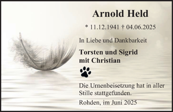 Traueranzeige von Arnold Held von Deister- und Weserzeitung