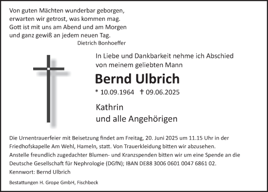 Traueranzeige von Bernd Ulbrich von Deister- und Weserzeitung