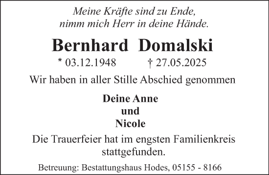 Traueranzeige von Bernhard Domalski von Deister- und Weserzeitung