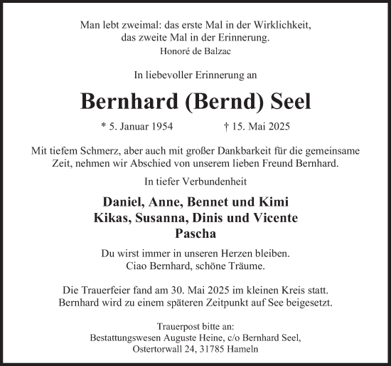 Traueranzeige von Bernhard Seel von Deister- und Weserzeitung