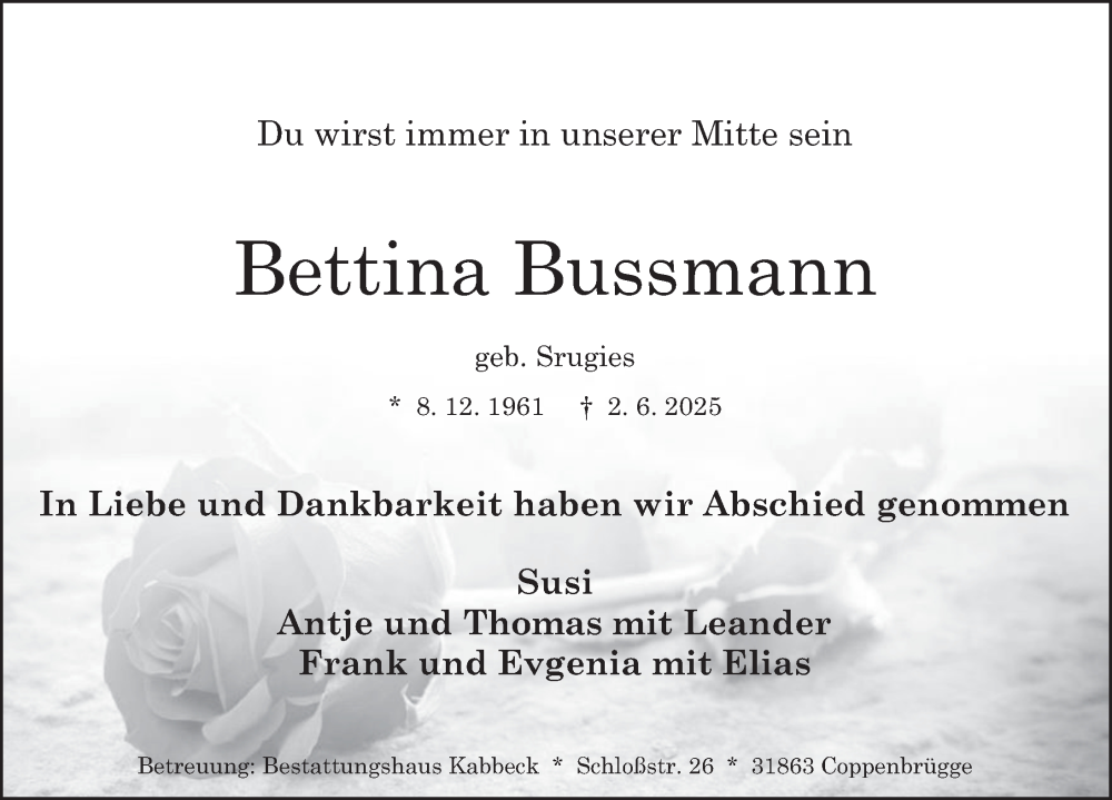  Traueranzeige für Bettina Bussmann vom 21.06.2025 aus Deister- und Weserzeitung
