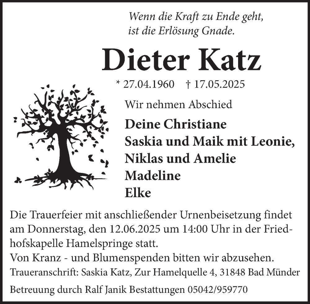  Traueranzeige für Dieter Katz vom 07.06.2025 aus Neue Deister-Zeitung