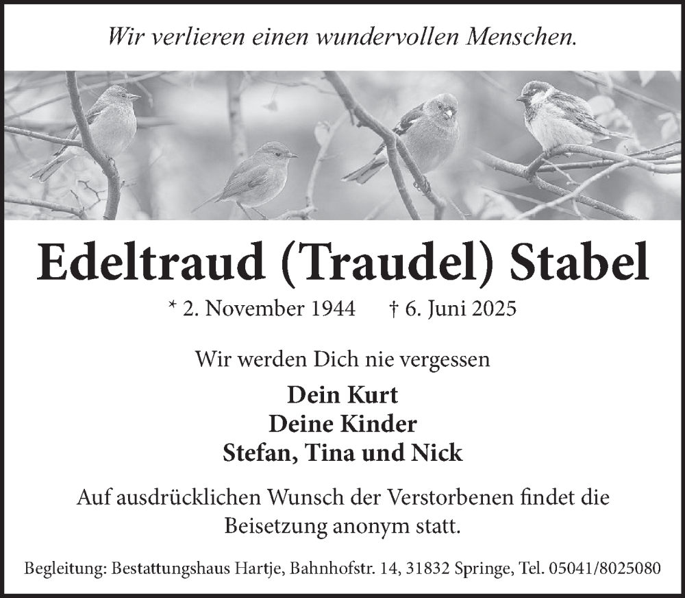  Traueranzeige für Edeltraud Stabel vom 14.06.2025 aus Neue Deister-Zeitung