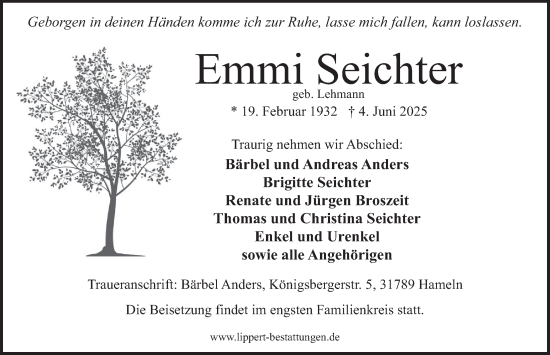 Traueranzeige von Emmi Seichter von Deister- und Weserzeitung