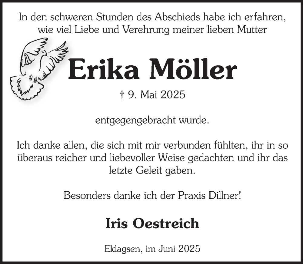  Traueranzeige für Erika Möller vom 07.06.2025 aus Neue Deister-Zeitung