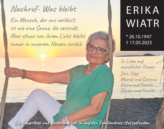 Traueranzeige von Erika Wiatr von Deister- und Weserzeitung