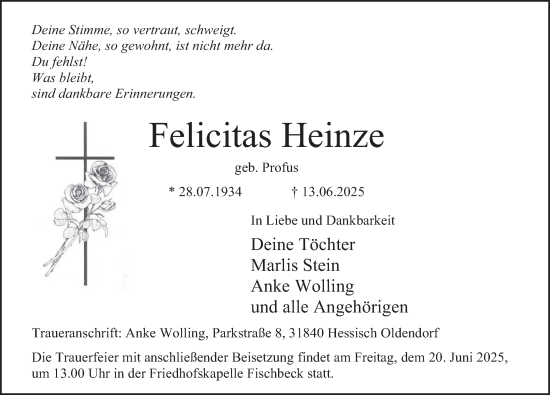 Traueranzeige von Felicitas Heinze von Deister- und Weserzeitung