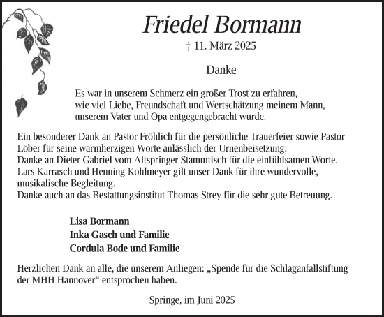Traueranzeige von Friedel Bormann von Neue Deister-Zeitung