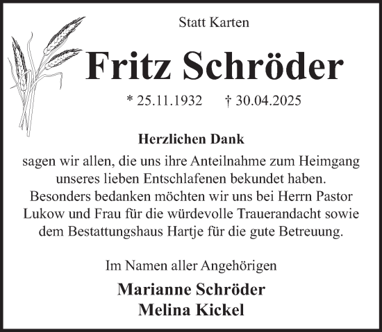 Traueranzeige von Fritz Schröder von Neue Deister-Zeitung