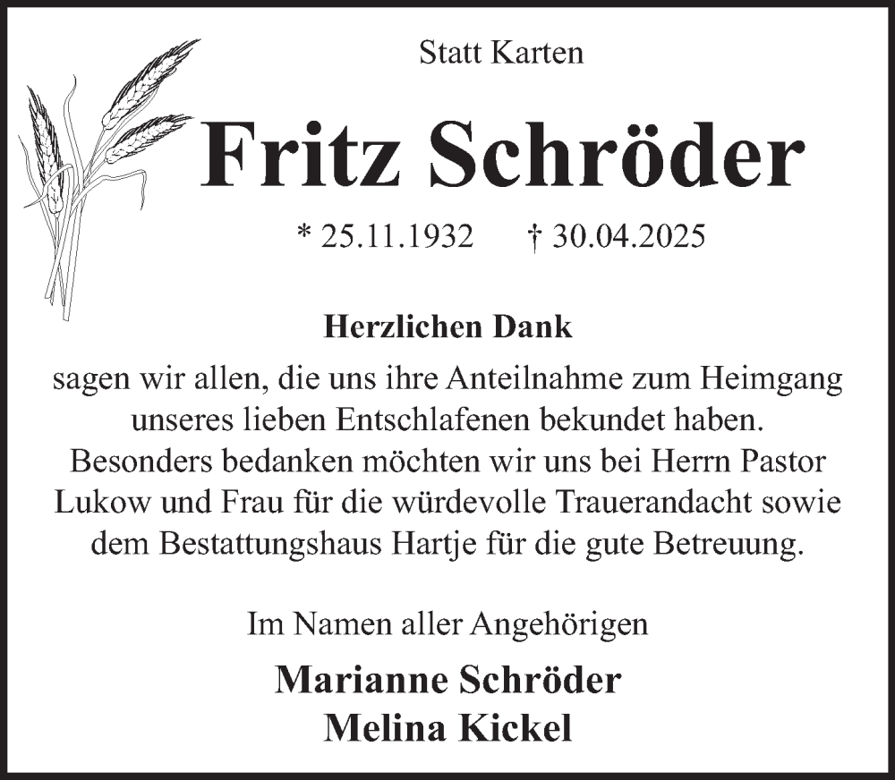  Traueranzeige für Fritz Schröder vom 07.06.2025 aus Neue Deister-Zeitung