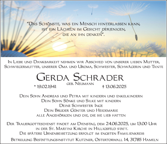 Traueranzeige von Gerda Schrader von Deister- und Weserzeitung
