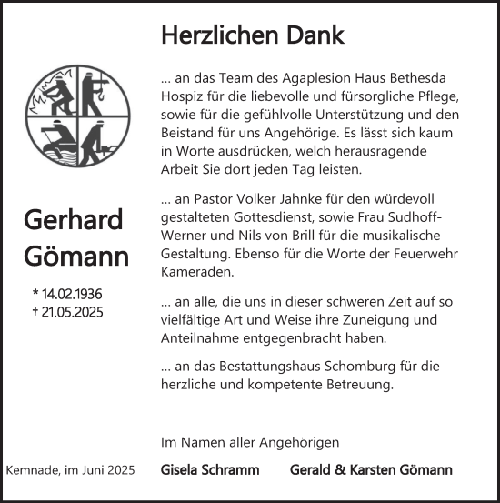 Traueranzeige von Gerhard Gömann von Deister- und Weserzeitung
