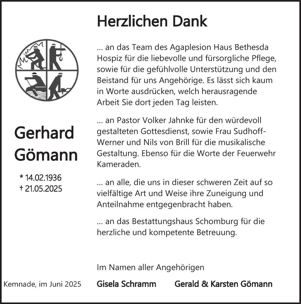  Traueranzeige für Gerhard Gömann vom 28.06.2025 aus Deister- und Weserzeitung