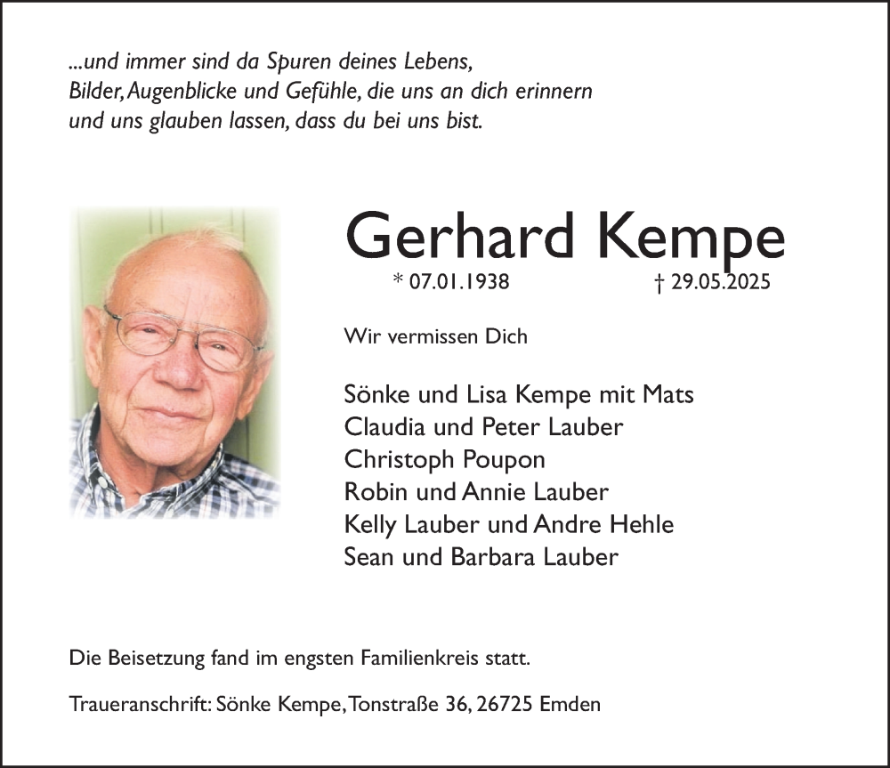  Traueranzeige für Gerhard Kempe vom 28.06.2025 aus Deister- und Weserzeitung