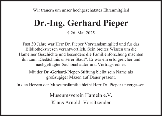 Traueranzeige von Gerhard Pieper von Deister- und Weserzeitung
