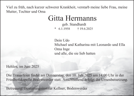 Traueranzeige von Gitta Hermanns von Deister- und Weserzeitung