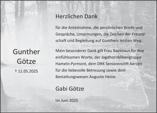 Traueranzeige von Gunther Götze von Deister- und Weserzeitung