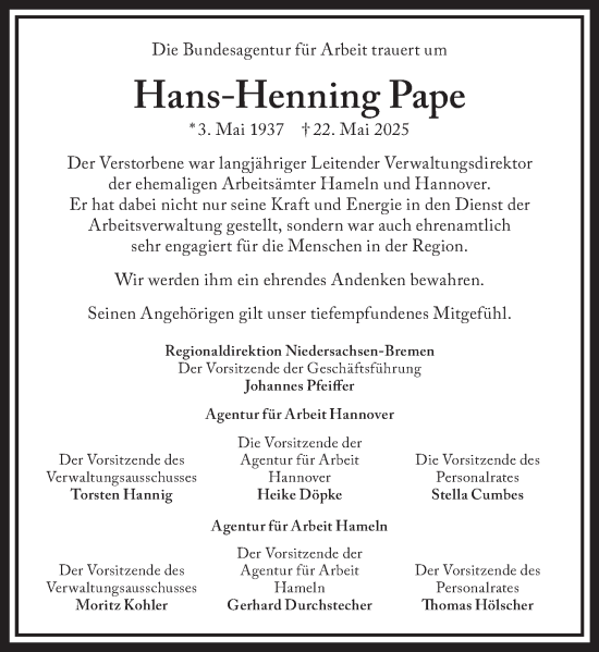 Traueranzeige von Hans-Henning Pape von Deister- und Weserzeitung