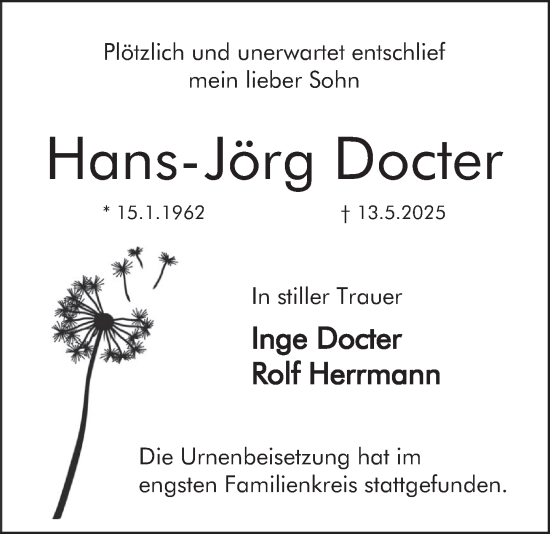 Traueranzeige von Hans-Jörg Docter von Deister- und Weserzeitung