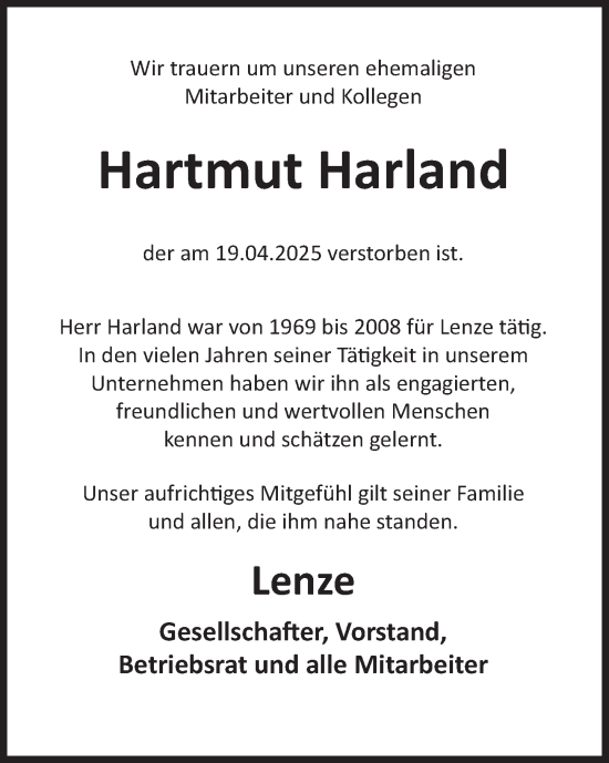 Traueranzeige von Hartmut Harland von Deister- und Weserzeitung